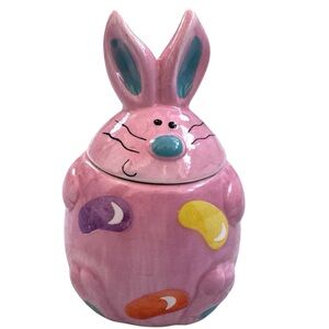 Bunny Rabbit Jar with Lid. Pink with jelly bean design. Like New!